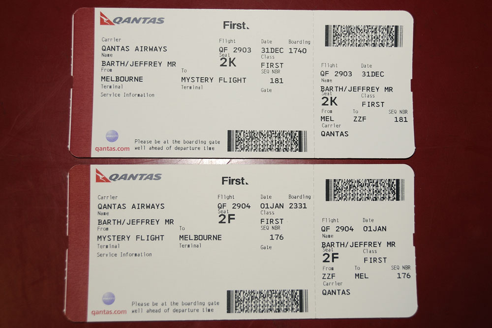 Boarding passes, note "Mystery Flight" destination