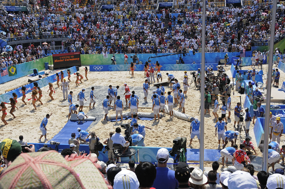 Preparing the stadium for medal ceremony