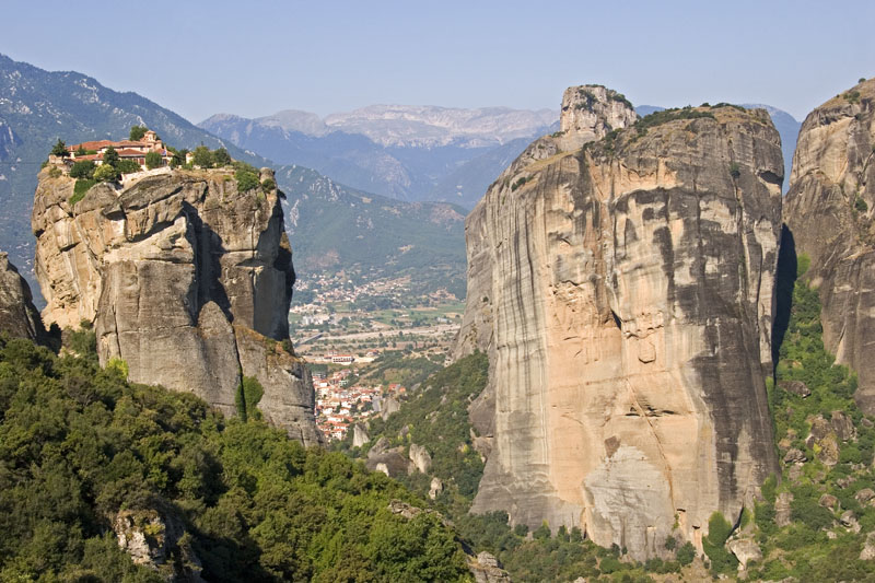 Rock pillars towering over the town of Meteora