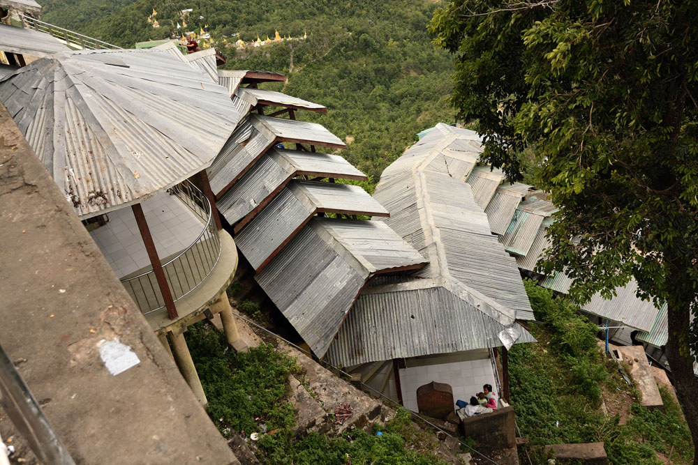 Looking down on covered stairs leading to monastery
