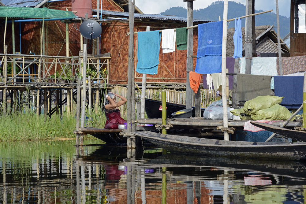Washing hair in the lake