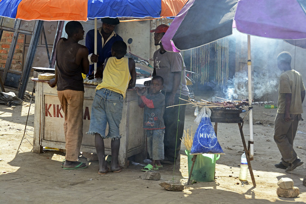 Selling meat skewers and bread